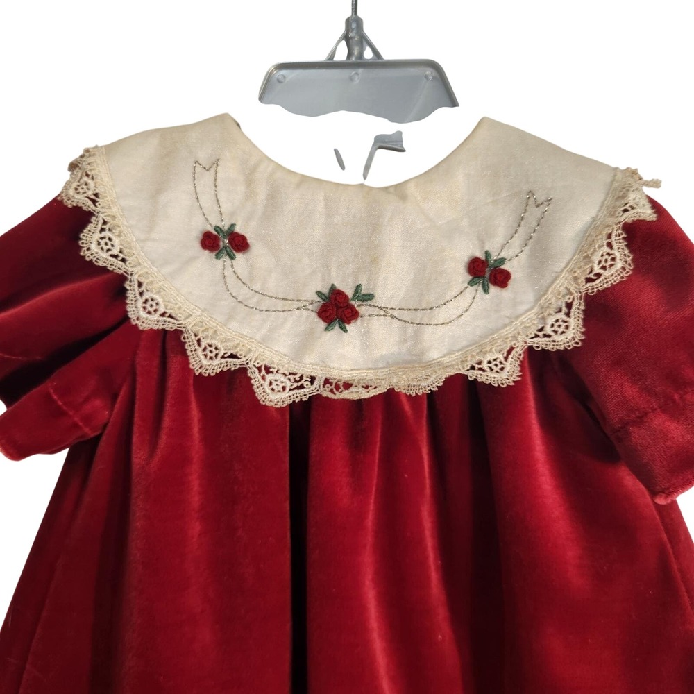 Baby Girl Red Velvet Rose Embroidered Lace Peter Pan Collar Vintage Dress 3M